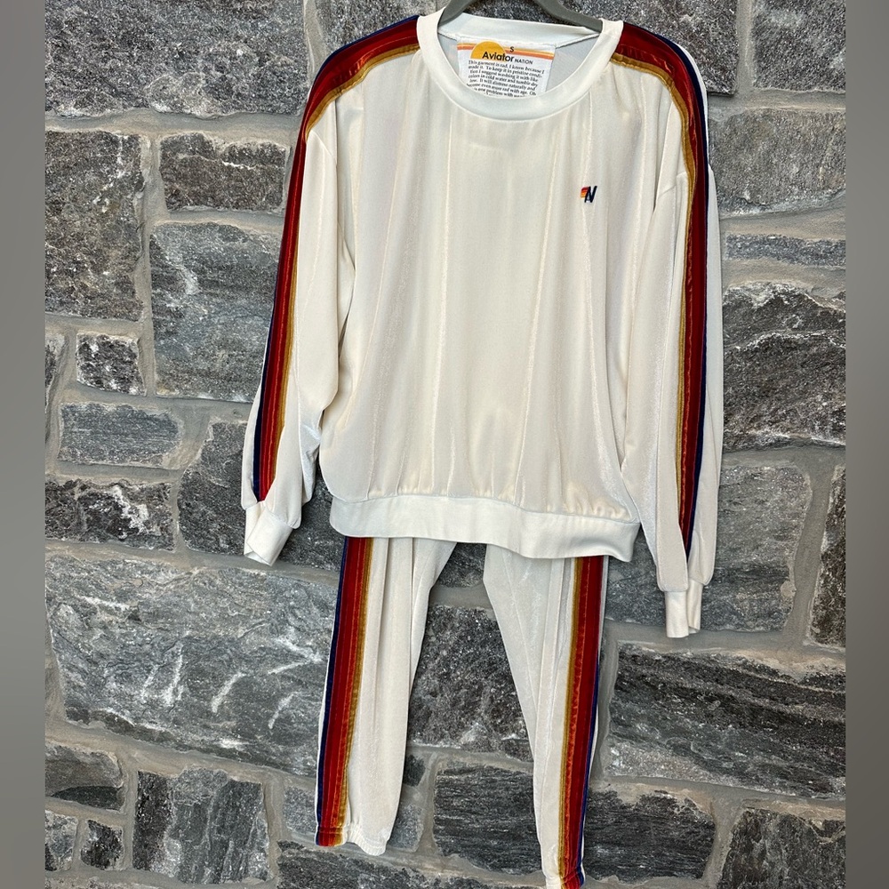 Aviator Nation Relaxed Velvet Jogger White with Colorful Stripes size SMALL - Picture 11 of 12